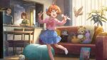  1boy 2girls :d ;d aged_down ahoge bird blue_skirt card_commentary child commentary_request couch day family game_asset holding holding_microphone idolmaster idolmaster_million_live! idolmaster_million_live!_theater_days indoors leg_up long_sleeves microphone multiple_girls no_shoes official_art one_eye_closed open_mouth orange_hair parakeet pink_shirt shirt short_hair skirt smile socks standing standing_on_one_leg stuffed_animal stuffed_duck stuffed_penguin stuffed_rabbit stuffed_raccoon stuffed_toy teddy_bear third-party_source v white_socks yabuki_kana 