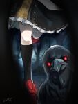  1girl bird black_bird black_socks commentary_request crow frilled_skirt frills highres kneehighs konton_hakusai leaf_print leg_up maple_leaf_print multicolored_skirt outdoors red_shoes ribbon-trimmed_skirt ribbon_trim shameimaru_aya shoes signature skirt socks solo touhou 