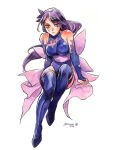  1girl blue_boots blue_gloves blue_leotard boots breasts bridal_gauntlets collarbone commentary elbow_gloves english_commentary full_body gloves highres leotard long_hair looking_at_viewer marvel marvel_rivals psylocke purple_hair sao_(saowee) signature simple_background solo thigh_boots white_background x-men 