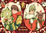  2boys absurdres alien_stage animal_ear_headwear beanie bow candy candy_cane chocorocotan christmas commentary_request food gingerbread_man green_sweater hat highres holding holding_stuffed_toy hot_chocolate ivan_(alien_stage) jacket male_focus marshmallow merry_christmas mistletoe multiple_boys plaid_background pom_pom_(clothes) pom_pom_beanie red_background red_jacket red_scarf scarf scarf_bow smile stuffed_toy sweater till_(alien_stage) tongue tongue_out white_scarf 