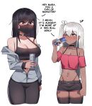  2girls ? bare_shoulders belt belt_buckle black_eyes black_hair blush body_freckles bra breast_freckles breasts brown_eyes buckle can chest_freckles choker cowboy_shot crop_top drinking earrings english_commentary english_text freckles grey_hair hair_between_eyes highres holding holding_can jewelry karinn_(ti_keep) large_breasts long_hair long_sleeves mask midriff monster_energy multiple_girls navel navel_piercing one_eye_closed open_mouth original panties pants piercing red_bull short_sleeves shorts shoulder_freckles simple_background skindentation small_breasts sports_bra sweatpants thighhighs ti_keep timara_(ti_keep) underwear white_background zipper zipper_pull_tab 
