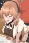  1boy 1girl animal_print apron arm_support artist_name bikini bikini_under_clothes black_pants blush breasts brown_apron brown_hair brown_ribbon cleavage closed_eyes commander_(girls'_frontline) commentary_request cow_print cow_print_bikini crossed_bangs drooling girls'_frontline girls'_frontline_2:_exilium hair_between_eyes hair_ribbon heart hetero high_ponytail highres jacket large_breasts long_hair nipple_slip nipples open_mouth pants pixiv_id ponytail print_bikini red_jacket ribbon saliva sex side-tie_bikini_bottom springfield_(cafe)_(girls'_frontline) springfield_(girls'_frontline) standing_doggy_style sumi_ojie swimsuit tongue trembling twitter_username very_long_hair 