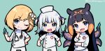  3girls :d alternate_costume artist_name blonde_hair blue_eyes blue_hair blush chibi coat doctor eyebrows_visible_through_hair fang gawr_gura green_background grin hair_ornament hair_ribbon hand_on_hip hand_on_own_face hat heart holding holding_syringe hololive hololive_english monocle_hair_ornament multicolored_hair multiple_girls ninomae_ina&#039;nis ninomae_ina&#039;nis_(artist) nurse_cap one_eye_closed open_mouth orange_hair orange_ribbon pants purple_hair ribbon scalpel shark_hair_ornament sharp_teeth simple_background smile stethoscope surgeon_simulator syringe teeth tentacle_hair tentacles two-tone_hair two_side_up watson_amelia white_coat white_pants 