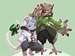 4_toes anisodactyl anthro avian beak bell bird bow_(feature) chalk_outline clothing coat collar crouching duo eyewear feathers feet glasses hi_res male male/male mammal mouse murid murine owl rodent toes topwear wings