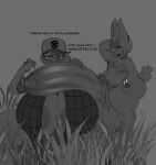 2026 5_fingers absurd_res anthro areola areola_slip balls belly big_balls big_breasts big_penis biped black_text breasts butt cheek_tuft cleavage clothed clothing coffi_(cofficremer) cofficremer crouching duo ear_piercing ear_ring ellipsis english_text exclamation_point eyebrows eyelashes eyes_closed eyewear facial_tuft female fingers genitals glans glasses grass grey_background hair hand_behind_head hat headgear headwear hi_res huge_balls huge_breasts huge_penis human humanoid_genitalia humanoid_penis male male/female mammal nude penis piercing plant pubes pupils question_mark questioning_ellipsis ring_piercing simple_background standing tail text tuft