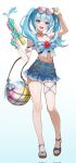  1girl arahashi_tabi ball bare_shoulders beachball blue_background blue_bow blue_bowtie blue_eyes blue_hair blue_nails blue_skirt bow bowtie breasts choker cleavage collarbone commentary_request corrupted_twitter_file crop_top denim denim_skirt eyewear_on_head flower frilled_skirt frills full_body gradient_background heart heart-shaped_eyewear highres holding holding_water_gun kama_(kama_ovo) korean_commentary midriff nail_polish navel off_shoulder open_mouth pungdangi_(arahashi_tabi) red_flower sandals sidelocks simple_background skirt stellive sunglasses toenail_polish toenails twintails virtual_youtuber water_gun white_background white_wrist_cuffs wrist_cuffs 