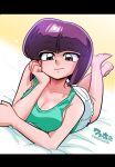  1girl aqua_shirt barefoot breasts cleavage collarbone commentary feet looking_at_viewer lying on_bed on_stomach purple_hair ranma_1/2 shirt short_hair shorts sleeveless sleeveless_shirt smile solo tendou_nabiki the_pose toes twitter_username wanta_(futoshi) white_shorts 