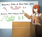  1girl dress_shirt highres holding holding_microphone microphone necktie open_mouth optaku purple_eyes red_hair red_necktie science_adventure shirt solo speaking steins;gate white_shirt whiteboard 