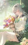  1girl against_tree aqua_bow aqua_bowtie black_hairband bouquet bow bowtie breasts buttons closed_eyes closed_mouth commentary_request double-breasted euzh266 feet_out_of_frame firefly_(honkai:_star_rail) firefly_(spring_missive)_(honkai:_star_rail) gradient_hair grass green_hair grey_hair grey_sailor_collar hairband highres holding holding_bouquet honkai:_star_rail honkai_(series) knees_up long_hair long_sleeves medium_breasts multicolored_hair name_tag official_alternate_costume on_ground outdoors plaid_bow plaid_bowtie plaid_clothes plaid_skirt sailor_collar sample_watermark school_uniform serafuku shirt sitting skirt solo thighhighs tree watermark white_shirt white_thighhighs 
