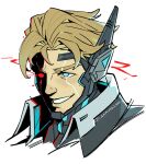  1boy blonde_hair blue_eyes commentary cyberpunk dark_persona english_commentary eye_trail grin guardians_of_the_galaxy heterochromia highres light_trail looking_ahead male_focus marvel marvel_rivals maygi_mie_ji official_alternate_costume one_eye_in_shadow portrait red_eyes short_hair smile solo star-lord symbol-shaped_pupils twitter_username white_background 