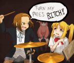  3girls angry blonde_hair bocchi_the_rock! brown_eyes brown_hair bullying crossover crying cube_hair_ornament drum drum_set gotoh_hitori hair_ornament hair_scrunchie hairband highres holding holding_stick ijichi_nijika instrument k-on! long_hair multiple_girls one_side_up optaku sad sakuragaoka_high_school_uniform school_uniform scrunchie short_hair speech_bubble stick tainaka_ritsu whiplash_(2014_movie) yellow_hairband 