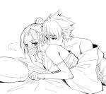  1boy 1girl bleach blush breasts camisole cleavage commentary covering_own_mouth cuddling english_commentary hatching_(texture) hetero high_ponytail highres hitsugaya_toushirou kurosaki_karin medium_breasts monochrome pillow ponytail silegesi strap_slip 