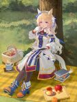  1girl absurdres against_tree animal_ears apple bare_shoulders basket black_pantyhose blonde_hair blue_boots blue_eyes blush book book_stack boots bread breasts commentary_request cup detached_sleeves dress ear_covers food fruit gloves hair_between_eyes hat highres holding holding_book horse_ears horse_girl long_hair looking_at_viewer medium_breasts open_mouth orange_(fruit) outdoors pantyhose picnic_basket picnic_blanket single_ear_cover sitting smile solo tree umamusume victoire_pisa_(lueur_angelique)_(umamusume) victoire_pisa_(umamusume) white_dress white_gloves yuzpoi 