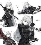  1girl angelica_(project_moon) black_gloves black_suit blue_eyes closed_mouth commentary_request gloves greatsword hand_up highres holding holding_sword holding_weapon library_of_ruina long_hair multiple_views open_mouth organic_weapon portal_(object) project_moon rai_(r2718281) sheath smoke sparkle suit sword unsheathing v-shaped_eyebrows very_long_hair weapon white_hair 