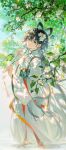  1girl alternate_costume branch chinese_clothes closed_mouth day dress earrings flower from_side green_eyes grey_hair hair_between_eyes hair_flower hair_ornament hair_rings hanfu highres holding jewelry leaf long_hair long_sleeves looking_at_viewer luo_tianyi outdoors robe smile solo standing tidsean tree very_long_hair vocaloid vsinger_(vocaloid) wading water white_flower white_robe wide_sleeves 
