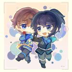  1boy 1girl :d asymmetrical_sleeves belt black_dougi black_hair blue_dougi blue_eyes blue_gloves blue_sleeves brown_hair chibi chibi_only chinese_commentary closed_mouth commentary_request couple dancing dougi flower flower_in_mouth freckles full_body gloves grey_eyes hair_between_eyes hand_on_own_chest hetero highres holding_hands jay_(ninjago) leg_up long_hair long_sleeves looking_at_another mismatched_sleeves mouth_hold ninjago nya_(ninjago) one_eye_closed open_mouth outline ponytail red_flower red_rose rose scene_reference short_hair smile white_belt white_outline xinjinjumin919593854790 yellow_belt yellow_sleeves 