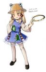  1girl animal_print artist_name black_shoes blonde_hair blush brown_hat chakram closed_mouth commentary_request dated frilled_skirt frills frog frog_print full_body hair_ribbon hand_on_own_hip hand_up hat legs_apart long_sleeves medium_hair moriya's_iron_rings moriya_suwako motion_lines no_nose one-hour_drawing_challenge parted_bangs print_skirt print_vest proton purple_skirt purple_vest red_ribbon ribbon shirt shoes simple_background skirt skirt_set smirk solo spinning_weapon standing thighhighs touhou tress_ribbon twitter_username vest weapon white_background white_shirt white_thighhighs wide_sleeves yellow_eyes 