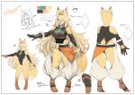 2026 anthro barefoot belt big_breasts black_clothing black_leotard blonde_hair border breasts butt canid canine clothing digital_media_(artwork) feet female fox green_eyes hair hi_res japanese_text leotard long_hair mammal model_sheet neko_kaminari80 pawpads simple_background smile solo standing tail text white_background white_border