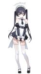  1girl absurdres alternate_costume apron black_hair black_necktie black_shoes black_skirt black_sleeves blue_archive closed_mouth collared_shirt commentary detached_sleeves eco_376124 frilled_apron frills full_body grey_eyes grey_halo halo highres kisaki_(blue_archive) maid maid_headdress necktie shirt shoes simple_background skirt skirt_tug sleeveless sleeveless_shirt solo standing thighhighs twintails untranslatable_commentary waist_apron white_apron white_background white_shirt white_thighhighs white_wrist_cuffs wrist_cuffs 