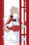  1girl alternate_costume blush bow breasts brown_hair buttons capelet center_frills commentary corset cowboy_shot doki_doki_literature_club dress english_commentary frills fur-trimmed_capelet fur_trim gloves green_eyes hair_between_eyes hair_bow high_ponytail highres holding holding_phone long_hair long_sidelocks long_sleeves looking_at_viewer medium_breasts monika_(doki_doki_literature_club) neck_ribbon parted_lips payphone phone phone_booth ponytail rachel_campbell red_capelet red_corset red_gloves ribbon sidelocks simple_background snowing solo standing very_long_hair white_background white_bow white_dress white_ribbon winter_clothes 