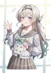  1girl absurdres aqua_bow aqua_bowtie aqua_hair black_hairband blue_pupils bow bowtie breasts buttons commentary_request double-breasted firefly_(honkai:_star_rail) firefly_(spring_missive)_(honkai:_star_rail) gradient_hair grey_hair grey_sailor_collar grey_skirt hair_between_eyes hairband harutaro_5d highres honkai:_star_rail honkai_(series) looking_at_viewer medium_breasts multicolored_hair name_tag notice_lines official_alternate_costume open_mouth plaid_bow plaid_bowtie plaid_clothes plaid_skirt purple_eyes sailor_collar school_uniform serafuku shirt skirt smile solo waving white_shirt window 