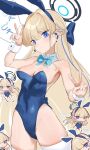  1girl amano_hagoromo animal_ears aqua_bow aqua_bowtie blonde_hair blue_archive blue_eyes blue_hairband blue_halo blue_leotard blue_streaks bow bowtie breasts chibi covered_navel detached_collar double_v earpiece expressionless fake_animal_ears hairband halo highleg highleg_leotard highres leotard long_hair looking_at_viewer multicolored_hair official_alternate_costume playboy_bunny rabbit_ears solo strapless strapless_leotard streaked_hair thighhighs toki_(blue_archive) toki_(bunny)_(blue_archive) v white_thighhighs white_wrist_cuffs wrist_cuffs 