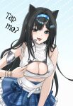  1girl absurdres black_hair blue_hairband blue_skirt breasts cat_ear-shaped_hair cleavage_cutout clothing_cutout commentary_request english_text goddess_of_victory:_nikke hairband highres idol large_breasts looking_at_viewer meme mint_(nikke) open_mouth simple_background skirt solo sunameri_(pixiv3564245) tank_top tap_me_(meme) white_tank_top 
