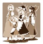  4girls aged_down alice_margatroid apron ascot bobby_socks boots bow braid brown_theme capelet dandelion dandelion_seed detached_sleeves dress flower hair_bow hair_tubes hairband hakurei_reimu halftone hat hat_bow head_wreath izayoi_sakuya kirisame_marisa lace-up_boots mary_janes monochrome multiple_girls screentones sepia shoes side_braid skirt skirt_set socks takishima_asaka touhou witch_hat 
