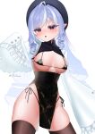  1girl absurdres ahoge areola_slip bikini black_bikini black_hat black_thighhighs blush breasts chinese_clothes chixamo drill_hair hat highres long_hair long_sleeves looking_at_viewer medium_breasts micro_bikini mole mole_under_eye multicolored_hair open_mouth pointy_ears purple_hair red_eyes simple_background solo streaked_hair swimsuit thighhighs thighs twitter_username vivian_banshee white_background zenless_zone_zero 