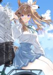 1boy 1girl almond_eye_(umamusume) animal_ears bicycle black_hair black_pants blue_eyes blue_hair blue_skirt blush bow_hairband brown_hair center_frills closed_mouth colored_inner_hair commentary_request frilled_shirt frills hairband highres horse_ears horse_girl horse_tail kouzuki_hajime looking_at_another multicolored_hair pants pleated_skirt riding riding_bicycle shirt skirt smile tail trainer_(umamusume) two-tone_hair umamusume white_hairband white_shirt 