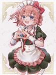  1girl :d alternate_costume apron artist_name black_dress blue_eyes blue_pupils border bow buttons collared_dress commentary contrast_collar cowboy_shot doki_doki_literature_club dot_nose dress drop_shadow frilled_apron frilled_cuffs frills hair_between_eyes hair_ribbon hands_up heart heart_hands highres looking_at_viewer maid_apron maid_headdress nnoioi_i open_mouth orange_hair ornate_border puffy_short_sleeves puffy_sleeves red_bow red_ribbon ribbon sayori_(doki_doki_literature_club) short_hair short_sleeves skindentation smile solo sparkle standing teeth thighhighs twitter_username untranslatable_commentary upper_teeth_only white_apron white_thighhighs wrist_cuffs 