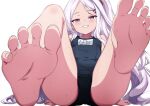  1girl barefoot blue_archive commentary_request commission hina_(blue_archive) hina_(swimsuit)_(blue_archive) kishishi_(kishiman-ya) long_hair looking_at_viewer old_school_swimsuit purple_eyes school_swimsuit simple_background sitting skeb_commission solo swimsuit very_long_hair white_background white_hair 