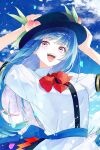  1girl black_hat blue_hair blue_skirt blue_sky bow bowtie breasts cloud collared_shirt commentary_request commission day fruit_hat_ornament hat hat_ornament highres hinanawi_tenshi konruri_blue leaf_hat_ornament long_hair medium_breasts open_mouth peach_hat_ornament puffy_short_sleeves puffy_sleeves red_bow red_bowtie shirt short_sleeves skeb_commission skirt sky smile solo teeth touhou upper_teeth_only white_shirt 