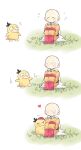  1boy bald blush boots cape chibi closed_eyes closed_mouth crossover gloves grass heart highres ie_(nyj1815) jumpsuit knees_up motion_lines notice_lines one-punch_man petting pokemon pokemon_(creature) psyduck red_boots red_gloves saitama_(one-punch_man) sitting smile white_cape yellow_jumpsuit 