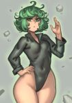  1girl :o absurdres bangs black_leotard bob_cut breasts commentary cowboy_shot curly_hair floating green_eyes green_hair grey_background groin high_collar highres kelvin_hiu leotard levitation long_sleeves looking_to_the_side medium_hair messy_hair navel one-punch_man open_mouth rock simple_background small_breasts solo tatsumaki wide_hips 