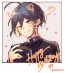  1boy absurdres ahoge animal_ears bangs baseball_cap black_hair black_jacket blush border brown_eyes cat_ears danganronpa_(series) danganronpa_v3:_killing_harmony dated fake_animal_ears fake_whiskers grey_background grin hair_between_eyes hakamii happy_birthday hat headwear_removed heart highres holding holding_clothes holding_hat jacket long_sleeves looking_at_viewer male_focus one_eye_closed saihara_shuuichi short_hair smile solo striped_jacket upper_body white_border 