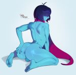  1boy androgynous anus artist_name ass bare_shoulders barefoot blue_hair blue_skin colored_skin commission deltarune from_behind genderswap genderswap_(otm) hair_between_eyes hand_on_own_ass highres kris_(dark_world)_(deltarune) kris_(deltarune) looking_at_viewer male_focus matemi nude on_ground penis presenting_own_ass presenting_own_body red_scarf scarf short_hair signature simple_background smile solo solo_focus suggestive_fluid sweat sweatdrop testicles utdr_(toby_fox) 