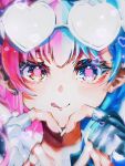  1girl aqua_eyes aqua_hair commentary_request cropped_head eyelashes fingerless_gloves fingernails four-finger_heart_hands fusion gloves heart heart-shaped_eyewear heart-shaped_pupils heart_hands heterochromia highres hololive houshou_marine kobo_kanaeru long_fingernails looking_at_viewer multicolored_hair pink_eyes pink_hair symbol-shaped_pupils tongue tongue_out towa_k76 two-tone_hair 