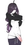  1girl ahoge ater18 breasts choker cowboy_shot futanari hair_over_one_eye highres hood hood_down hoodie large_penis long_hair looking_at_viewer medium_breasts navel navel_piercing original panties pants penis piercing purple_eyes purple_hair simple_background smile solo sweatpants underwear veins veiny_penis white_background 