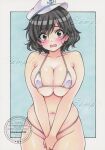  1girl alternate_costume anchor_symbol bikini black_hair blush breasts cleavage collarbone commentary_request covering_crotch covering_privates embarrassed green_eyes hat large_breasts looking_at_viewer medium_hair micro_bikini miyakooo0420 murasa_minamitsu navel open_mouth sailor_hat sample_watermark solo swimsuit touhou traditional_media watermark 