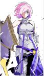  1girl armor bare_shoulders boobplate breasts closed_mouth colored_inner_hair commentary_request cowboy_shot fate/grand_order fate_(series) floating_hair gauntlets gorget highres holding holding_shield kuriimu0203 light_smile looking_at_viewer mash_kyrielight mash_kyrielight_(paladin) medium_breasts multicolored_hair one_eye_covered pink_hair purple_eyes purple_hair shield solo straight-on two-tone_hair waist_cape 