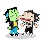 ace_(powerpuff_girls) belt biped bite biting_another biting_cheek biting_face biting_partner black_belt black_boots black_bottomwear black_clothing black_eyes black_footwear black_hair black_pants boots bottomwear breasts button_(fastener) cartoon_network cheek_bite chibi clothed clothing digital_drawing_(artwork) digital_media_(artwork) dot_eyes duo eyebrows eyelashes face_bite facial_hair female fingers footwear glistening glistening_eyes glistening_hair gorillaz green_arms green_body green_chest green_ears green_face green_hands green_nose green_skin grey_hair hair handpaw hi_res human humanoid jacket leather leather_clothing leather_jacket leather_topwear looking_at_another male male/female mammal mustache noodle_(gorillaz) not_furry open_mouth orange_clothing orange_shirt orange_topwear pants pattern_clothing pattern_shirt pattern_topwear paws pink_teeth plentyofsoup pointy_ears pointy_nose powerpuff_girls pupils red_button red_eyes sharp_teeth shirt shoes simple_background simple_eyes slit_pupils smile squinted_eyes stretched_eyes stretched_face stretched_mouth stretching_face striped_clothing striped_shirt striped_topwear stripes teeth topwear whiskers white_background white_belt white_boots white_clothing white_footwear