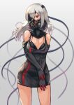  1girl blackball bra breasts cleavage dress elbow_gloves eyepatch gas_mask gloves large_breasts long_hair original pencil_dress red_eyes silver_hair simple_background solo underwear 