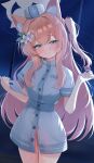  1girl animal_ear_fluff animal_ears blue_archive blue_eyes cat_ears cat_girl commentary_request condom condom_wrapper dress flower hair_flower hair_ornament hair_ribbon halo hat highres holding holding_condom long_hair mari_(blue_archive) no_panties nurse nurse_cap nuuuukoame one_side_up orange_hair revision ribbon solo sweatdrop white_dress white_flower white_hat yellow_halo 