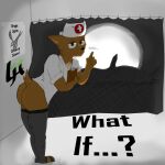 absurd_res anthro brown_body brown_fur butt clipboard clothed clothing deer duo equid equine erection fur genitals hat headgear headwear hi_res horse hybrid leaning leaning_forward legwear looking_at_viewer lucky_(luckyhomie) luckyhomie male male/male mammal nurse_clothing nurse_hat nurse_headwear nurse_uniform penis raised_tail silhouette simple_background stockings tail talking_to_viewer text topwear uniform