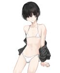  1boy bikini black_eyes black_hair black_jacket bulge closed_mouth clothes_pull collarbone commentary cowboy_shot crossdressing crossdressing_(mtf) dot_nose geki_(sunaba_(nczd5875)) hair_between_eyes hair_over_eyes highres jacket jacket_pull looking_down looking_to_the_side male_focus micro_bikini navel original short_hair side-tie_bikini_bottom simple_background sketch solo sunaba_(nczd5875) swimsuit thighs trap white_background white_bikini 