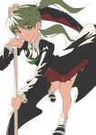  1girl bb9g3vc7kp3721 black_tailcoat commentary green_eyes green_hair green_necktie highres holding holding_scythe long_hair looking_at_viewer maka_albarn necktie red_skirt scythe simple_background skirt solo soul_eater twintails white_background 