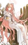  1girl absurdly_long_hair absurdres ambience_synesthesia apple arknights artist_name bare_shoulders closed_mouth detached_wings dress feet_out_of_frame food fruit gladiator_sandals grey_eyes hair_flowing_over hair_spread_out halo highres holding holding_food holding_fruit jewelry lemuen_(arknights) lemuen_(requiem_vesperis)_(arknights) long_hair long_sleeves looking_at_viewer off-shoulder_dress off_shoulder pink_hair sandals shale signature simple_background sitting smile solo veil very_long_hair white_background white_dress white_veil wings 