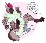2021 3_toes 5_fingers ambiguous_gender anthro bite biting_lip blush blush_lines bodily_fluids bri_(kalash) brown_body brown_fur brown_nose brown_pawpads brown_sclera brown_stripes brown_tail canid canid_demon canine claws clothed clothing curly_hair demon dialogue diaper disembodied_hand duo english_text feet female fingerless_(marking) fingerless_gloves_(marking) fingers fist flying_sweatdrops fur genital_fluids gloves_(marking) grey_body hair hand_on_diaper hellhound hi_res hyena leg_markings lying mammal markings mostly_offscreen_character mythological_canine mythological_creature mythology on_back onesie pawpads pink_claws pink_finger_claws pink_hair pink_toe_claws rubbing_diaper shadyadi simple_background snapsuit socks_(marking) speech_bubble striped_body striped_fur stripes sweat sweatdrop tail tan_inner_ear teeth text tilde_after_text toe_claws toes touching_diaper trans_(lore) trans_woman_(lore) unclean_diaper urine used_diaper using_diaper wearing_diaper wet_diaper wetting wetting_diaper