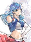  1girl animification asymmetrical_sleeves belt blue_eyes blue_eyeshadow blue_hair blue_sleeves blue_sports_bra breasts brown_eyes clothes_around_waist commentary detached_sleeves earrings eyeshadow hair_ornament hand_on_own_hip heterochromia highres hoop_earrings index_finger_raised jacket jacket_around_waist jewelry looking_to_the_side luna_snow luna_snow_(park_sun-young:_the_dancer) makeup marvel marvel_rivals medium_breasts midriff mismatched_sleeves multicolored_hair multicolored_sports_bra navel official_alternate_costume open_mouth silver_earrings snowflake_hair_ornament solo songtanshui02 split-color_hair sports_bra two-tone_hair upper_body white_background white_belt white_hair white_sleeves white_sports_bra zoom_layer 